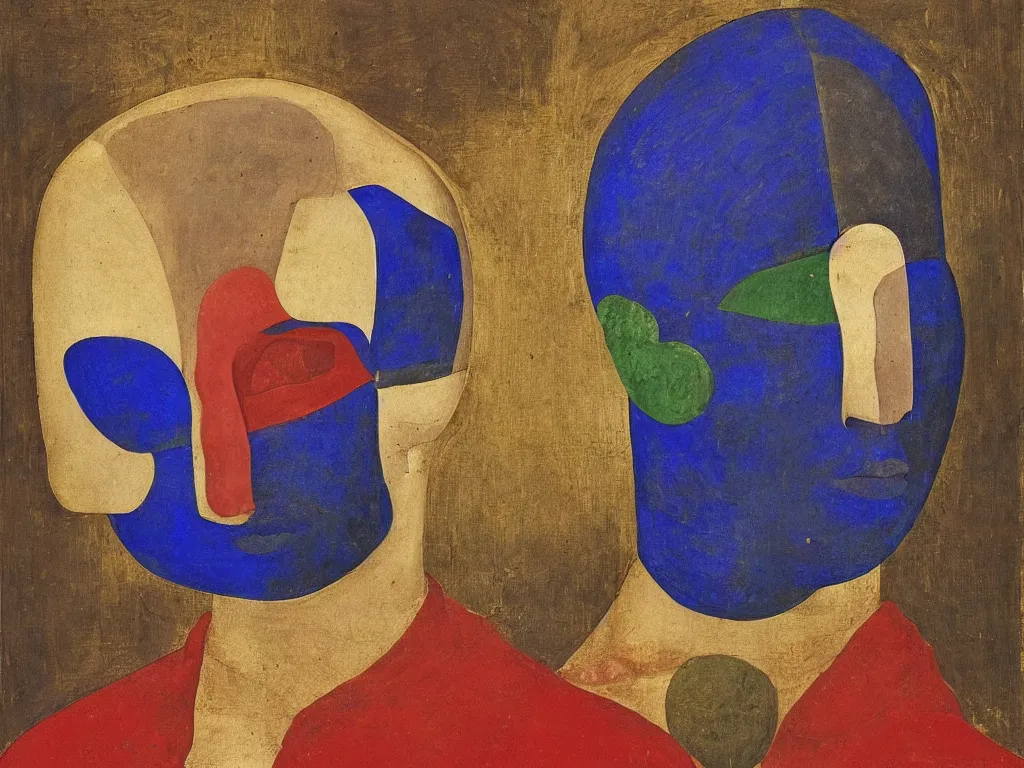 Image similar to portrait of a man head with painted archaic mask. lapis lazuli, malachite, cinnabar, indigo, gold. painting by piero della francesca, balthus, agnes pelton