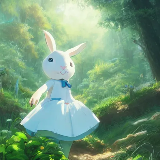 Image similar to concept art painting of a chubby white rabbit wearing a turquoise dress, in the deep forest, realistic, detailed, cel shaded, in the style of makoto shinkai and greg rutkowski and james gurney