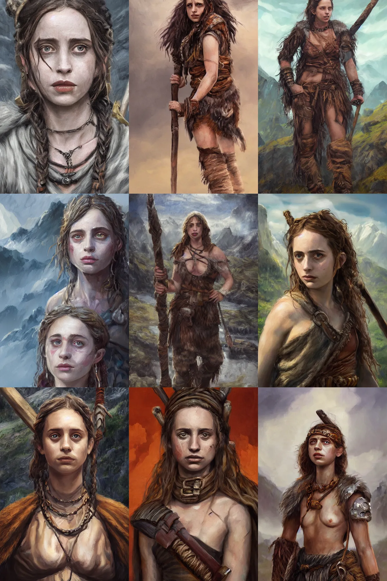 Prompt: a full body high detail fantasy portrait oil painting illustration of maya hawke as a rugged stoic barbarian woman by justin sweet with face and body clearly visible, in a scenic background, pupils visible, realistic proportions, d & d, rpg, forgotten realms, artstation trending, high quality, sombre mood, artstation trending, muted colours, entire person visible!, natural light,