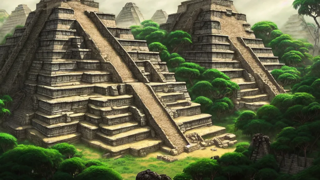 Image similar to ancient mayan ruins, studio ghibli, pixar and disney animation, sharp, rendered in unreal engine 5, highly detailed, digital painting, artstation, concept art, smooth, sharp focus, illustration, wide angle, artbook, wallpaper, splash art, promo art, dramatic lighting, art by artgerm and greg rutkowski and bo chen and jin xiaodi