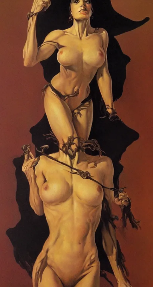 Prompt: portrait of a young witch, true anatomy, detailed face, highly detailed, by frank frazetta and boris vallejo