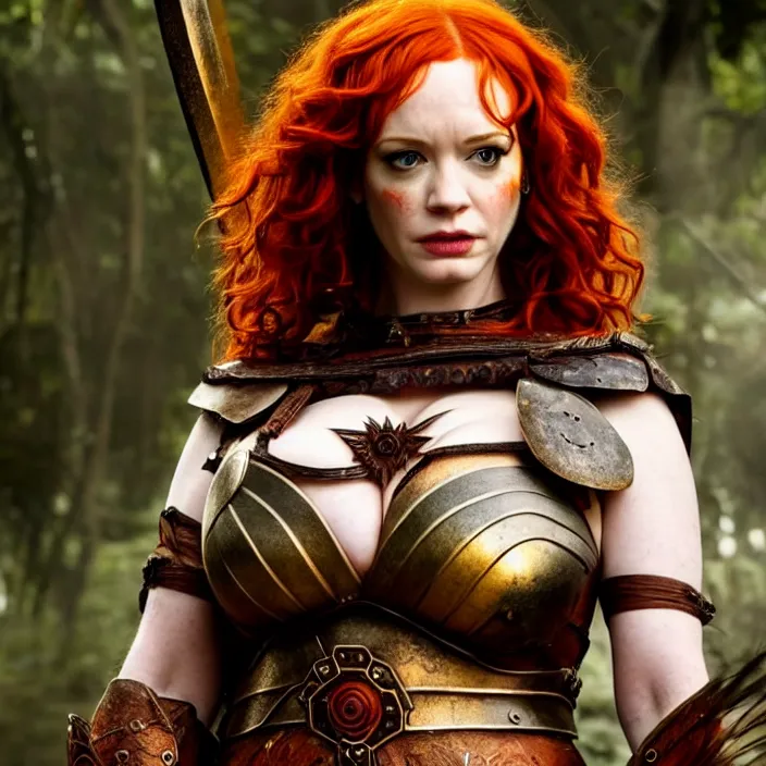 Prompt: full length photo of christina hendricks as an amazon warrior, highly detailed, 4 k, hdr, smooth, sharp focus, high resolution, award - winning photo