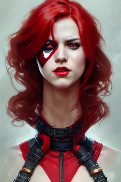 Image similar to portrait of a girl wearing deadpool costumes, upper body, red hair, long hair, d & d, fantasy, fierce, sharp features, intricate, elegant, highly detailed, digital painting, artstation, concept art, matte, sharp focus, illustration, art by artgerm and greg rutkowski and alphonse mucha