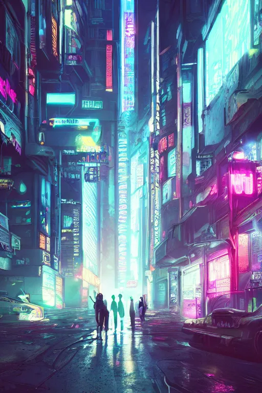 Image similar to a street in a big city at night, neon lights, down a flight of stairs to the basement, cyberpunk style, digital painting, concept art, smooth, sharp focus, hyperrealistic, illustration, artstation trending, octane render, unreal engine, ambient light, dynamic lighting, magical, dark vibes, Cyberpunk 2077