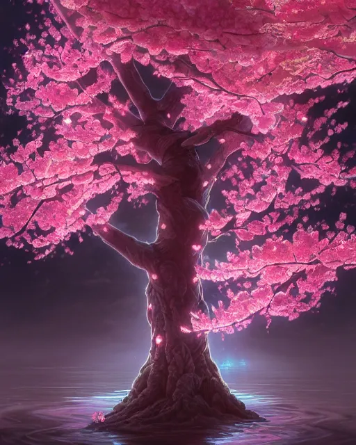 Prompt: one singular matte painting of a beauutiful bioluminescent cherry blossom tree, highly detailed, digital painting, cinematic, hyper realism, dark retrowave, art by stanley lau and artgem and magali villeneuve and alphonse mucha, artstation, octane renderer, cgsociety