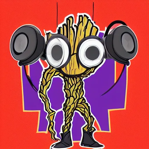 Image similar to svg sticker of a Pop-Wonder Groot-Marvel-Avenger at a rave, spinning records, giant headphones rocking out, wearing headphones, huge speakers, dancing, rave, DJ, spinning records, digital art, amazing composition, rule-of-thirds, award-winning, trending on artstation, featured on deviantart