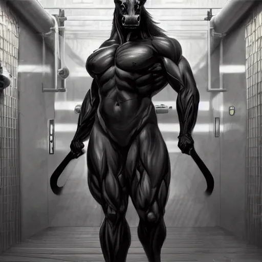Prompt: splash art of a hyper - muscular black - coated anthropomorphic horse character in a research facility wearing a combat kevlar outfit, long hair, exaggerated muscles, highly detailed, furry, furaffinity, digital painting, artstation, sharp focus, illustration, art by artgerm, greg rutkowski, alphonse mucha