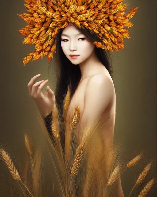 Image similar to goddess of autumn, with wheat ears on her head, chinese beauty, half - length head portrait, dreamy, beautiful, by wlop