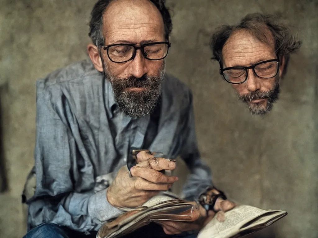 Prompt: portrait of a man with eye glasses reading. steve mccurry