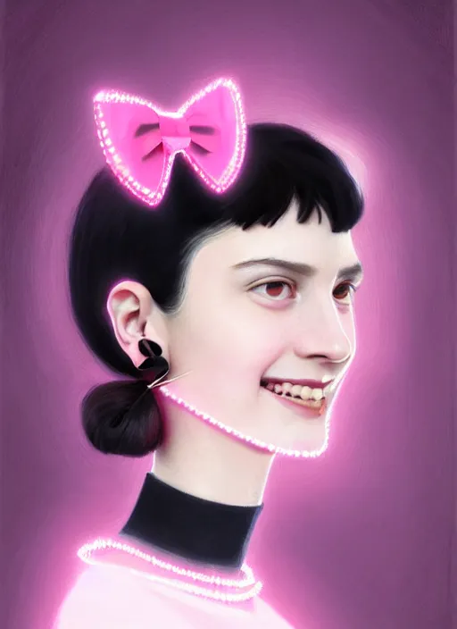 Image similar to portrait of high school girl, realistic, black hair, bangs, half updo hairstyle, pointy nose, skinny, smile, ugly, defined jawline, big chin, pink hair bow, earrings, intricate, elegant, glowing lights, highly detailed, digital painting, artstation, sharp focus, illustration, art by wlop, mars ravelo and greg rutkowski