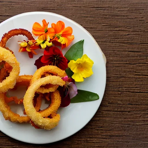 Image similar to Onion rings served with edible flowers, recipe photograph