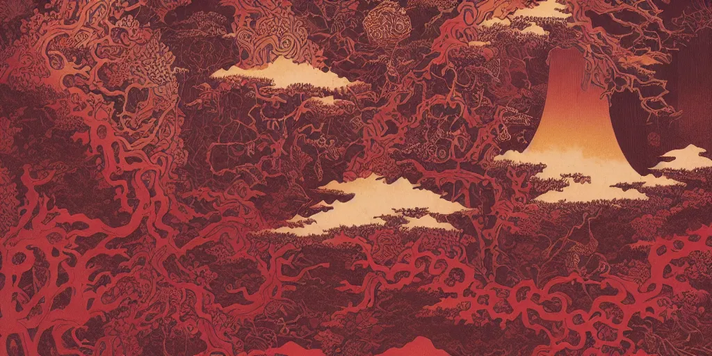 Prompt: dark red paper with intricate designs,tarot card ,a mandelbulb fractal dolomites and hay monsters, tyrolean folklore masks,full of golden layers, flowers, cloud, vines, mushrooms, swirles, curves, wave,by Hokusai and Mike Mignola, trending on artstation,elaborate dark red ink illustration