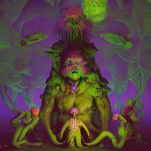 Prompt: hyperdetailed psychedelic horror fantasy portrait of garden gnomes by wayne barlowe and beeple, vivid color, album cover,