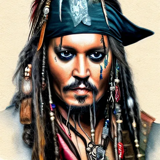 Prompt: portrait of johnny depp as captain jack sparrow, highly detailed, centered, solid color background, digital painting