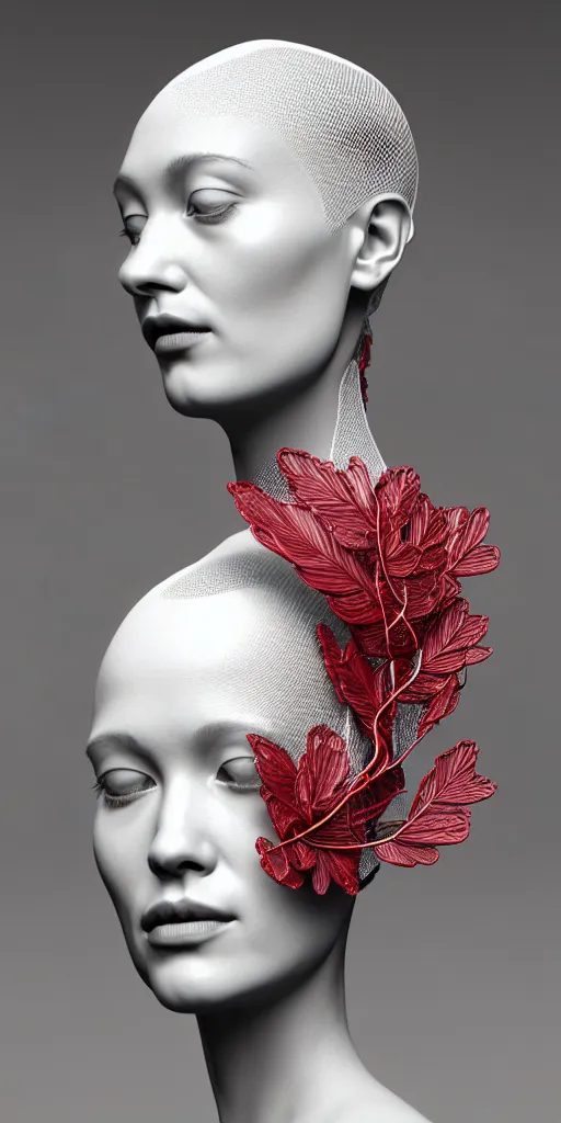 Image similar to complex 3d render ultra detailed of one single beautiful porcelain profile woman face, mechanical cyborg, 150 mm, accent lighting, beautiful studio soft light, rim light, silver gold red details, luxurious, magnolia big filigran ultra detailed leaves and stems, roots, Alexander Mcqueen haute couture, fine foliage lace, mesh wire, filigran intricate details, hyperrealistic, mandelbrot fractal, anatomical, silver metal armor, facial muscles, cable wires, microchip, elegant, white background, beautiful white teeth, beautiful lips, octane render, H.R. Giger style, 8k