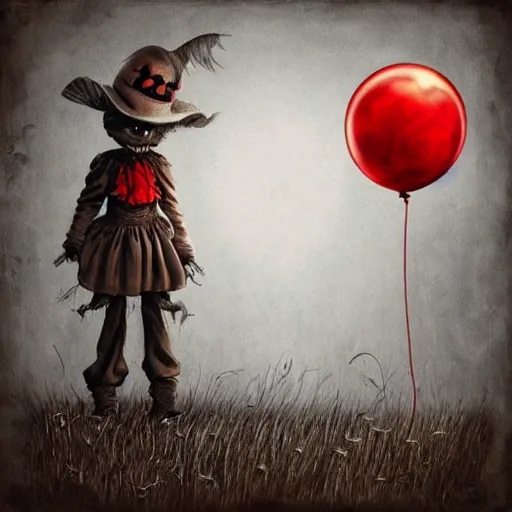 Prompt: surrealism grunge cartoon portrait sketch of a scarecrow with a wide smile and a red balloon by - michael karcz, loony toons style, pennywise style, horror theme, detailed, elegant, intricate