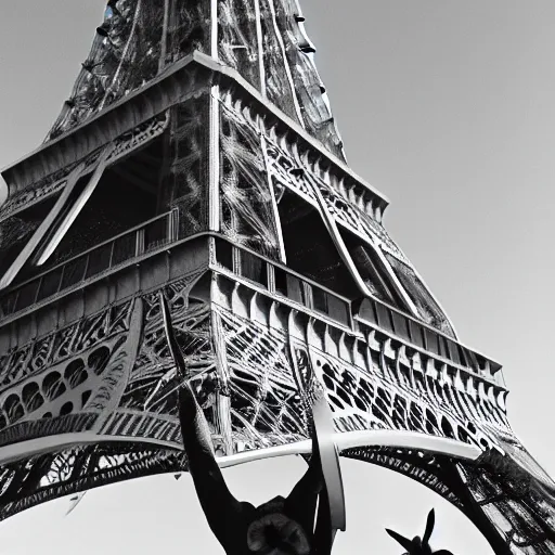 Image similar to a rabbit selfie in front of the eiffel tower, black and white vintage photograph