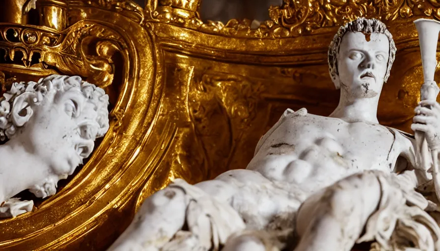 Prompt: movie still close - up of caligula dead - slaughtered on a gold throne in a classical room with columns, leica sl 2 5 0 mm, high quality, heavy grain, high detail, dramatic light, cinematic composition, flares, anamorphic, blood, bleeding,