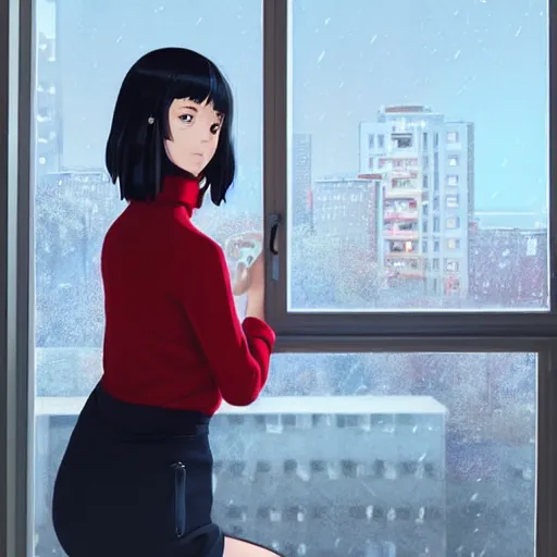 Prompt: a beautiful girl with dark hair, wearing a red turtleneck sweater, sitting in an apartment alone, looking out window at the city, night time, intricate, highly detailed, artstation, official media, anime key visual, mood lighting, sharp focus, art by Makoto Shinkai, Ilya Kuvshinov, Lois Van Baarle, and Rossdraws