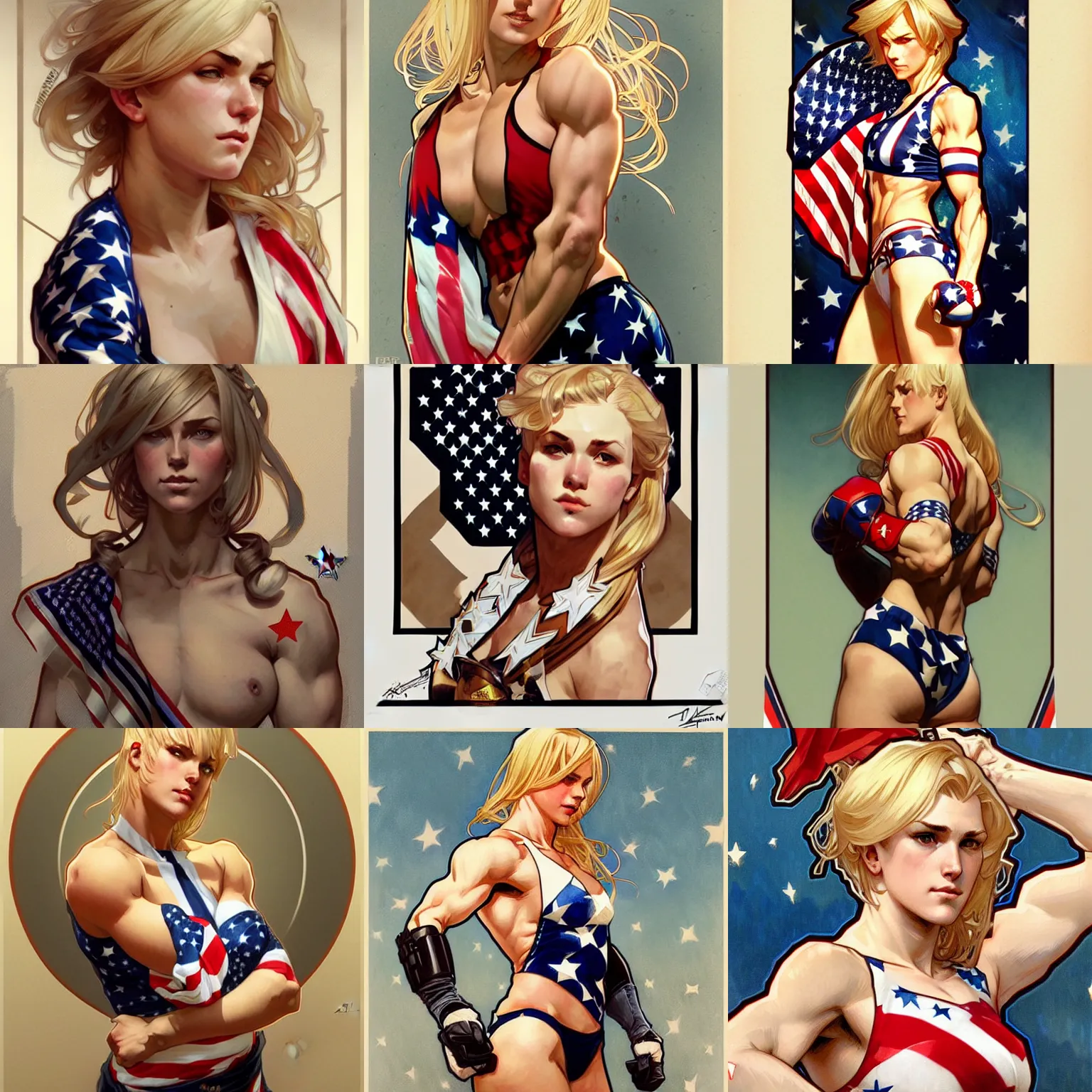 Prompt: muscled blonde female boxer wearing stars and stripes, intricate illustration by krenz cushart, alphonse mucha, artgerm, trending on artstation