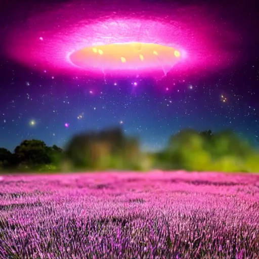 Image similar to field of beautiful luminescent pink and blue mycena fungi, emitting spore clouds, midnight, huge golden moon with small craters visible in night sky, hyperrealistic, detailed, soft lighting, fireflies