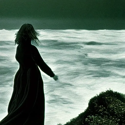 Image similar to dark and moody 1 9 7 0's artistic spaghetti western film in color, a woman in a giant billowy wide long flowing waving dress made out of white sea foam, standing inside a green mossy irish rocky scenic landscape, crashing waves and sea foam, volumetric lighting, backlit, moody, atmospheric