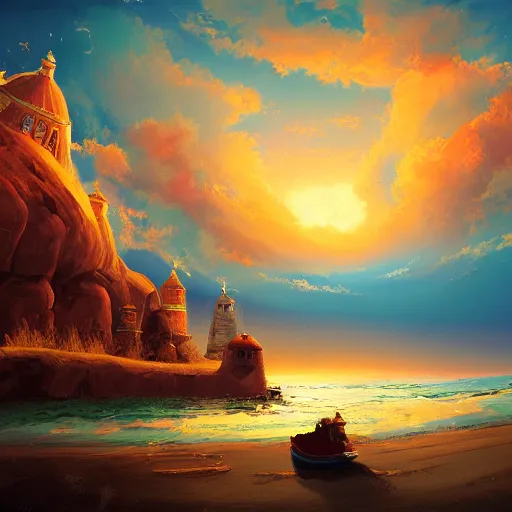 Image similar to russian khrushchevki, on the background of the sea, jupiter in the sky, super detail, digital painting, 4 k