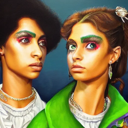 Image similar to a highly detailed painting. 1987-era Prince behind two beautiful twin sisters. Prince is green with jealousy. Photorealistic. Trending on Artstation.