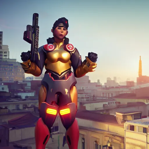 Prompt: ho chi minh is the newest overwatch character, kings row in the background, octane render, blender render, unreal engine, standing pose, cinematic lighting, symmetrical