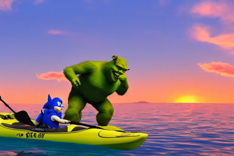 Image similar to a photo of shrek and sonic kayaking in the ocean during a beautiful sunset, photorealistic, hd, 8 k