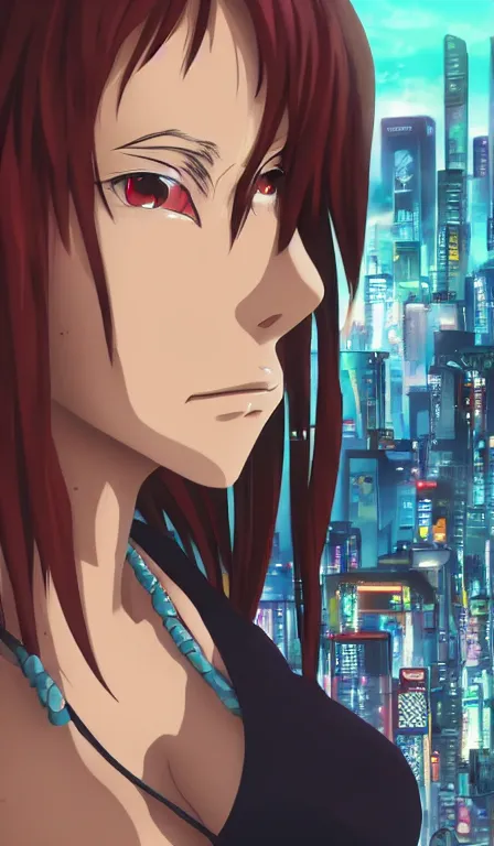 Image similar to anime fine details portrait of Revy in front of cyberpunk moder city landscape on the background deep bokeh, close-up view, anime masterpiece by Studio Ghibli. 8k, sharp high quality anime, artstation