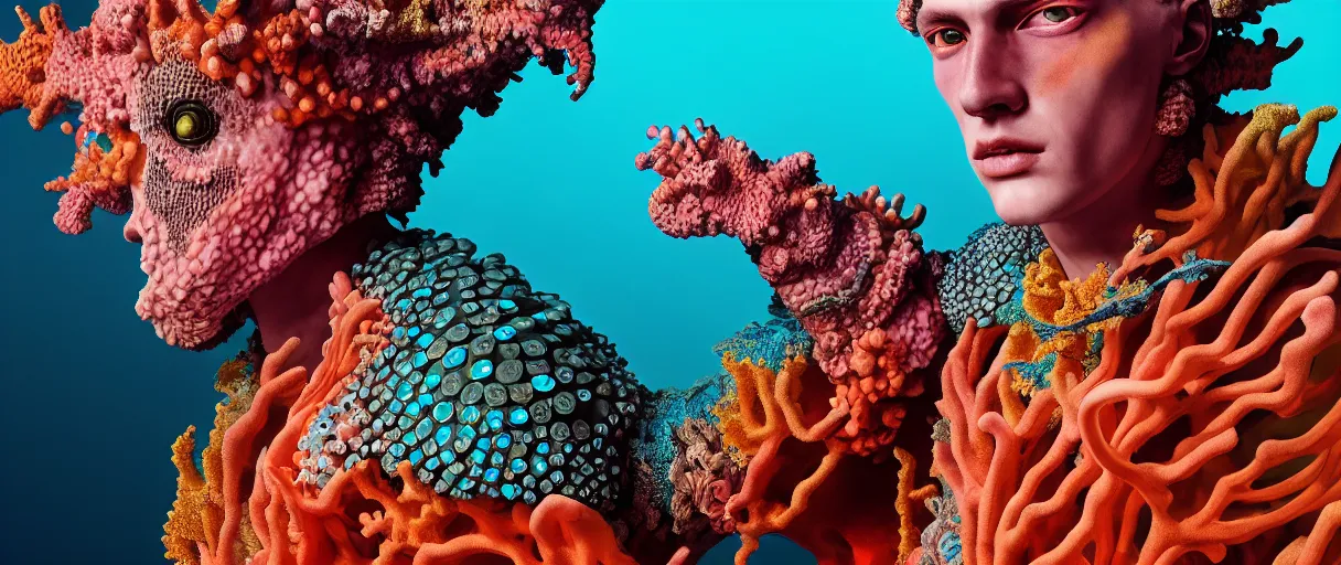 Image similar to hyperrealist highly detailed english medieval portrait of high fashion monster wearing reef armor, radiating atomic neon corals, concept art pascal blanche dramatic studio lighting 8k wide angle shallow depth of field