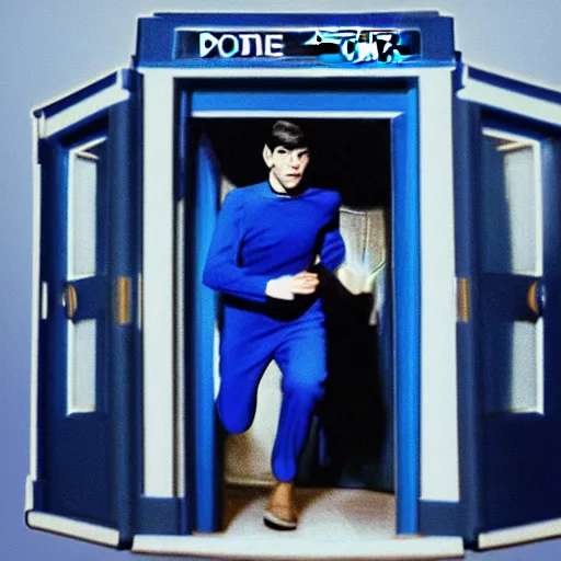 Image similar to photo of mr spock blue uniform exiting the tardis