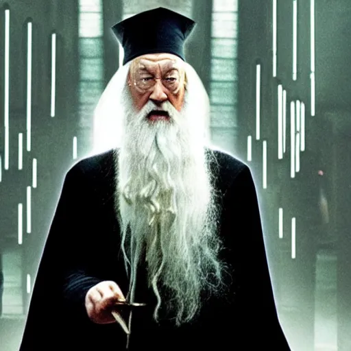 Image similar to Movie still of Albus Dumbledore in Matrix