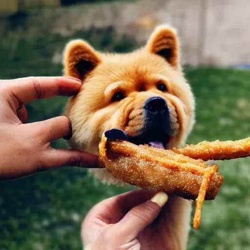 Prompt: a chow chow eating churros