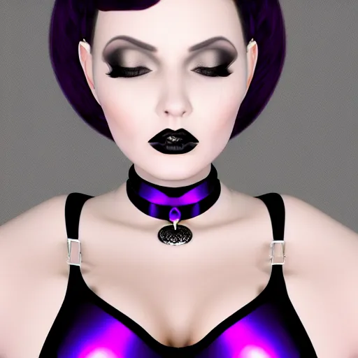 Image similar to curvy feminine hot goth woman with dignified elaborate tight purple-black-silver nylon and latex ballroom gown, black choker necklace, amorous posture, shiny lipstick, photorealistic, cgsociety, sublime, 16k, smooth, sharp focus, ArtStation, hyperdetailed, volumetric lighting