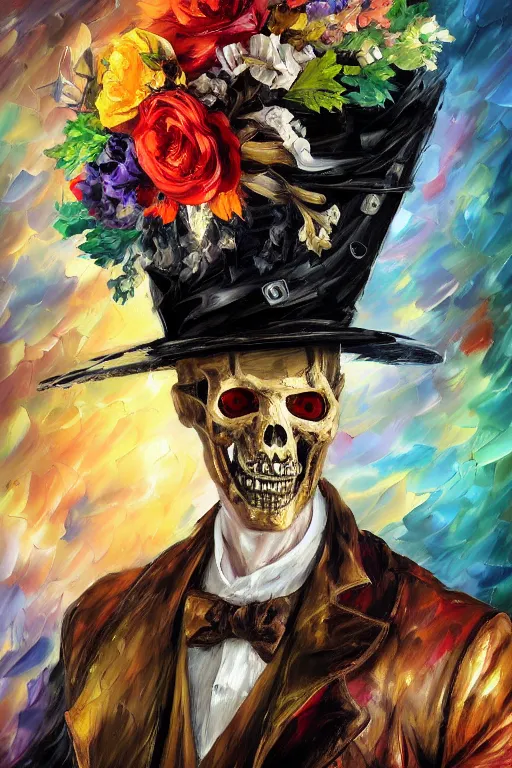 Prompt: palette knife oil painting portrait of a male baroque one - eyed cyborg demon gentleman wearing a tophat decorated with skulls and an arcane halo, floral growth, extreme detail, style by leonid afremov and degas, artstation trending, artgerm, deviant art, octane, substance, art history 8 k