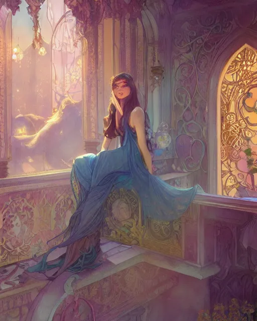 Image similar to secret romance, highly detailed, gold filigree, romantic storybook fantasy, soft cinematic lighting, award, disney concept art watercolor illustration by mandy jurgens and alphonse mucha and alena aenami, pastel color palette, featured on artstation