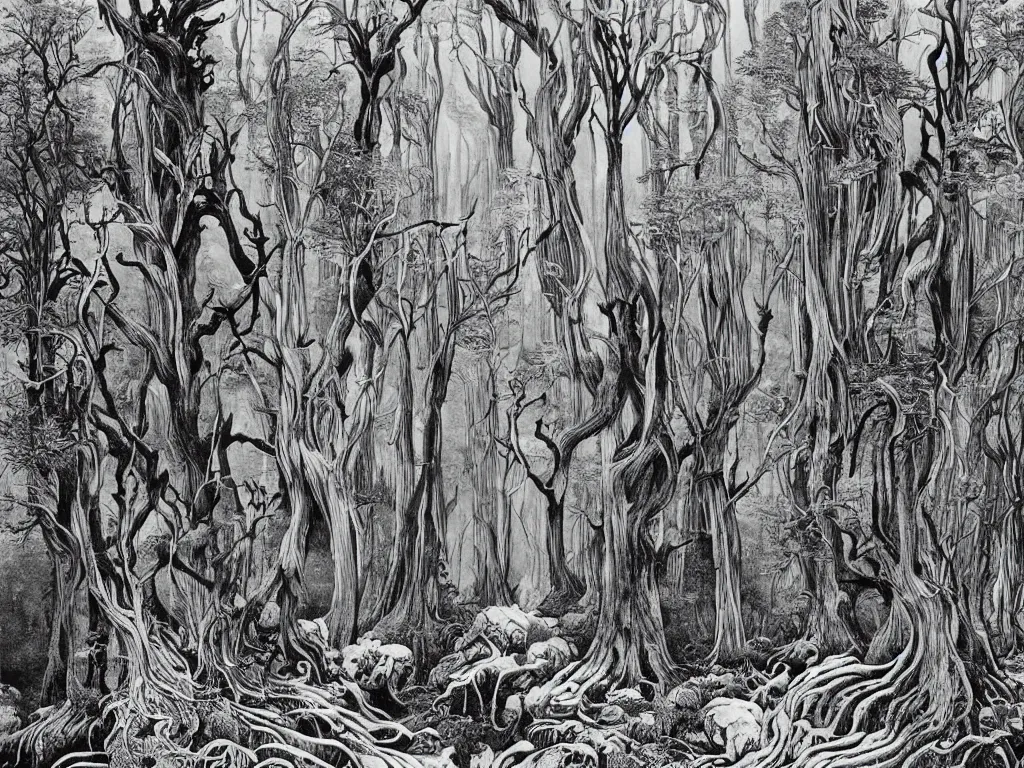 Image similar to dense ancient forest, artstation, by aubrey beardsley, by caspar david friedrich, by laurie lipton, by kay nielsen, by ivan shishkin, calligraphy, divine, paradox, gnarly trees, terrifying, witchcraft!, hope, mountains background