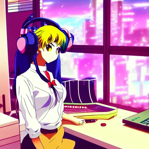 Image similar to An anime character working in their music studio. 90s anime, Sailor Moon, Neon Genesis, official art, flat cell shading, fantastic screenshot art, trending on artstation