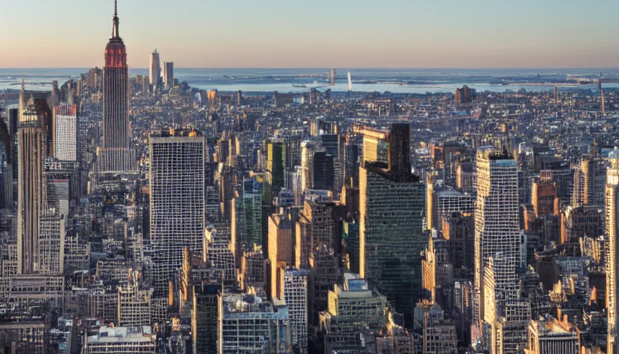 Prompt: empire state building replaced by a giant anubis statue, sunset, drone footage, sharp focus, professional photo