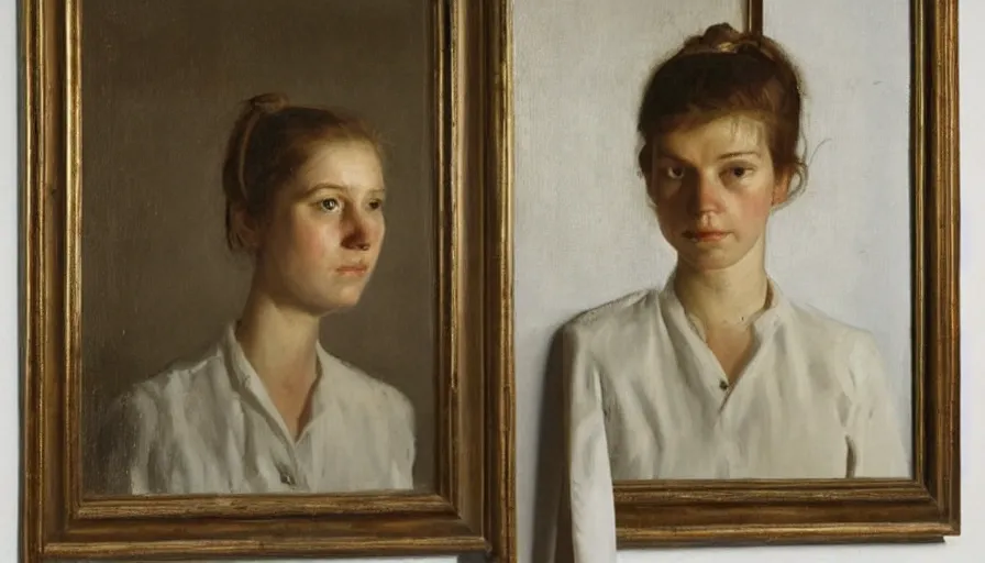 Image similar to painting by borremans, young woman in front of the mirror, detailed, stunning