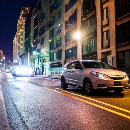 Prompt: a car bu driving down a street next to small buildings the night, XF IQ4, f/1.4, ISO 3200, 1/10s, 8K, RAW, unedited, symmetrical balance, in-frame, sharpened