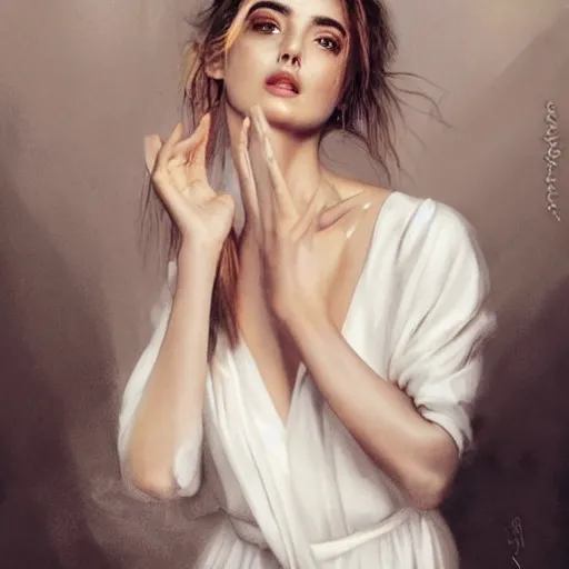 Image similar to portrait of beautiful happy young ana de armas wearing a beautiful silky white dress, painted by greg rutkowski, stanley artgerm, igor kieryluk, coherent, hyper realistic