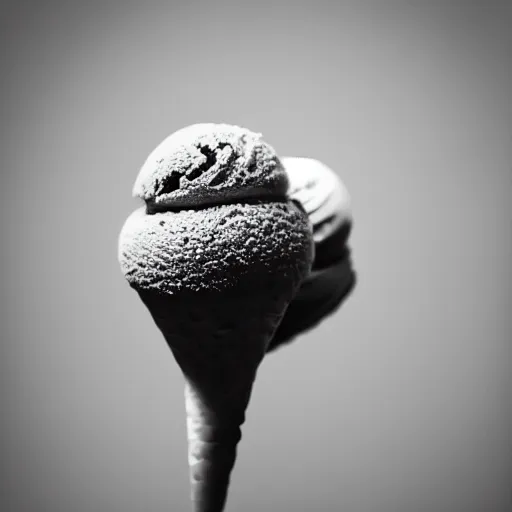 Prompt: detailed photograph of a levitating ice cream cone with hairy, wriggling spider legs protruding below. shallow depth - of - field. moody light.