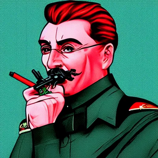 Image similar to cyberpunk joseph stalin smoking a pipe as the leader of a futuristic communist society, cybernetics, sharp lines, digital, artstation, colored in
