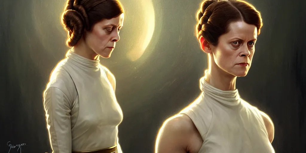 Prompt: young sigourney weaver as princess leia, cinematic, highly detailed, digital painting, artstation, concept art, matte, sharp focus, illustration, art by artgerm and greg rutkowski and alphonse mucha