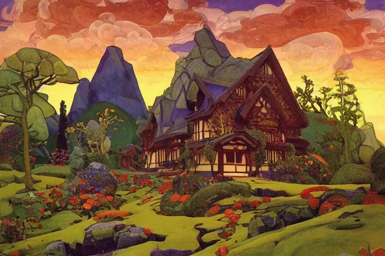 Prompt: the enchanted cottage and gardens of a wise woman on a mountaintop, dramatic cinematic lighting, folk-art carved painted wood house, rich colors, by Nicholas Roerich and William Dyce and ford madox brown and April Gornik and Caspar David Friedrich and Diego Rivera and Tyler Edlin and Ivan Bilibin