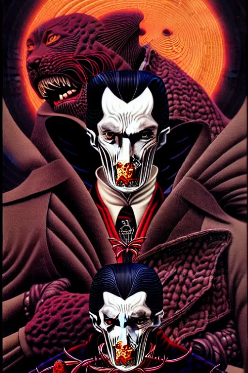 Prompt: portrait of dracula, symmetrical, by yoichi hatakenaka, masamune shirow, josan gonzales and dan mumford, ayami kojima, takato yamamoto, barclay shaw, karol bak, yukito kishiro