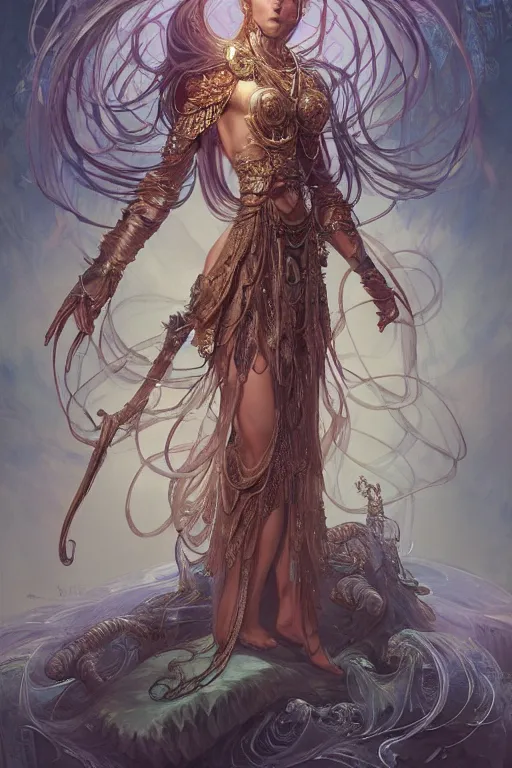 Image similar to a portrait of an anthropomorphic jellyfish warrior goddess, D&D, fantasy, intricate, highly detailed, digital painting, artstation, concept art, smooth, sharp focus, illustration, art by artgerm and greg rutkowski and alphonse mucha